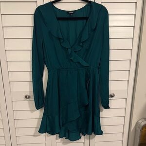 Express Teal Ruffle Wrap-Front Long Sleeve Dress
